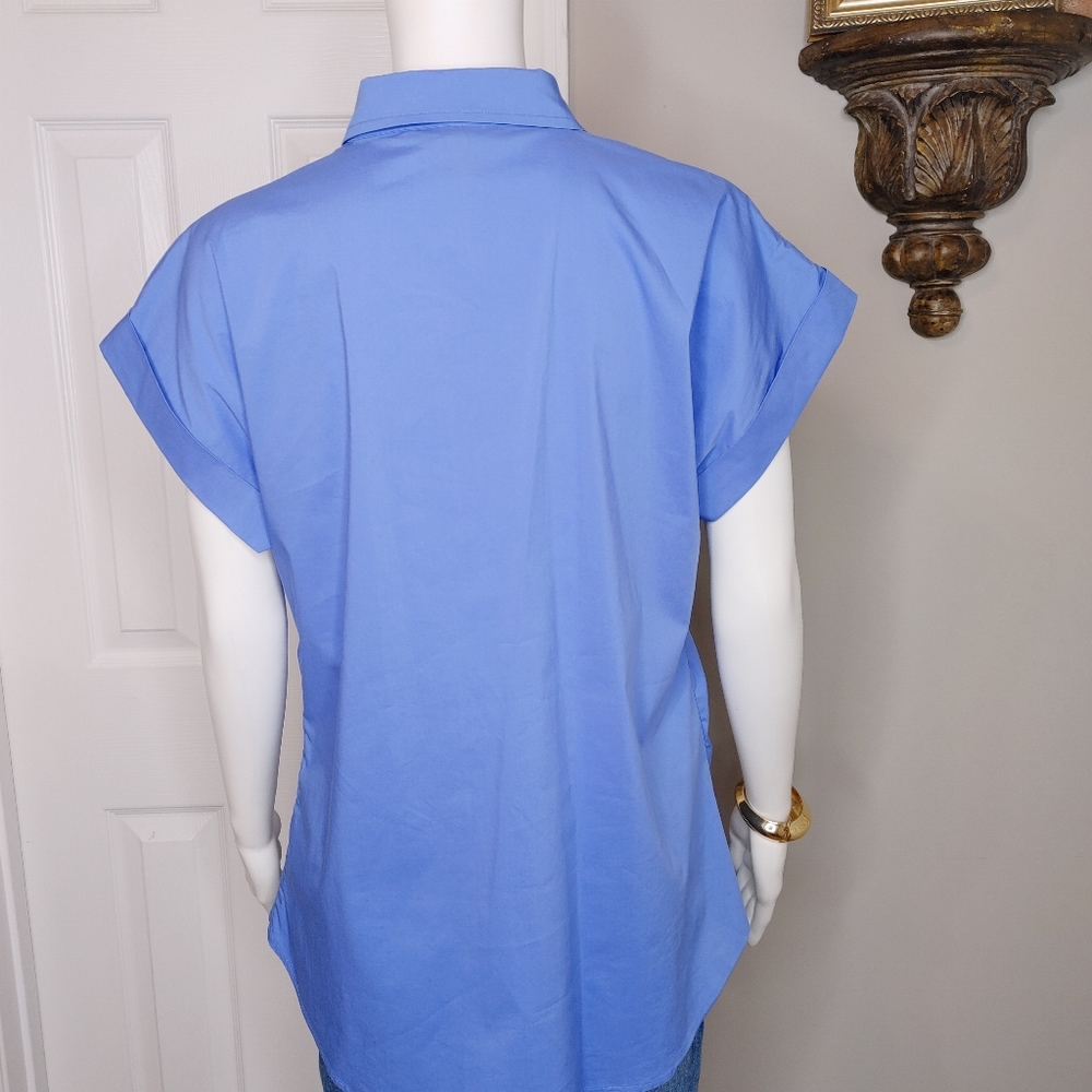LAUREN RALPH LAUREN SHIRRED BUTTON DOWN TOP, BLUE 12 - Picture 9 of 13